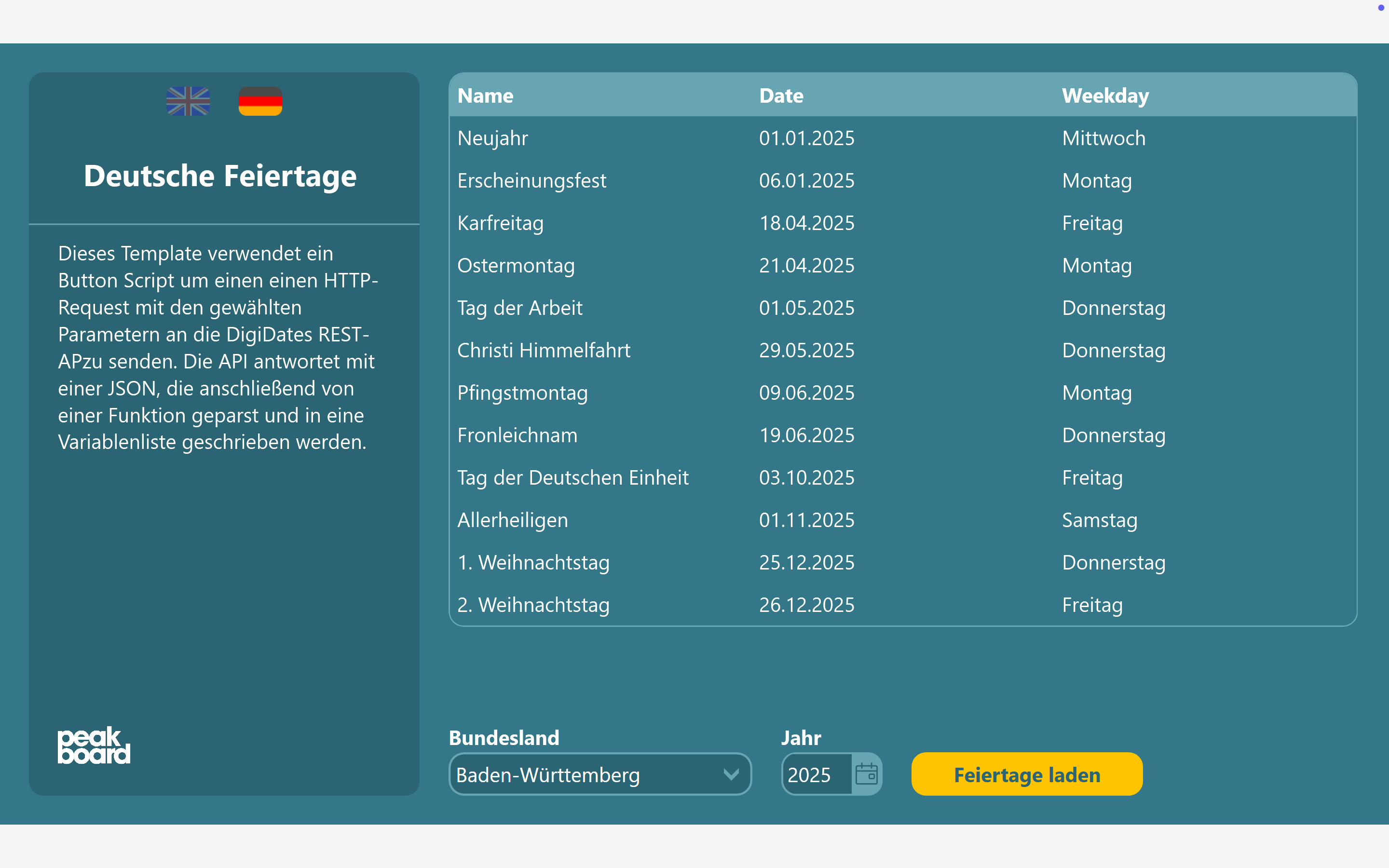 Peakboard Template: Skript zum Abrufen deutscher Feiertage über die DigiDates REST-API